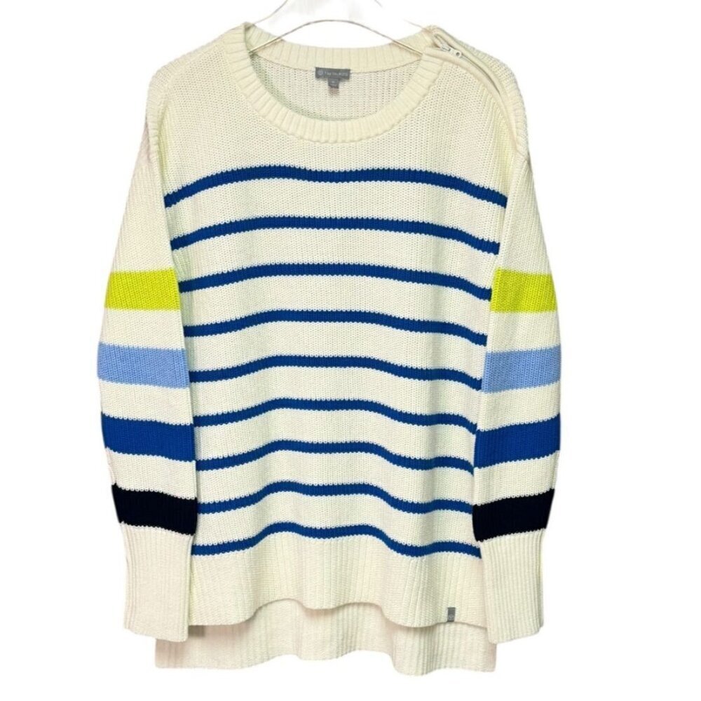 T by Talbots Multi Stripe Crewneck High-Low Sweater Ivory Blue Medium